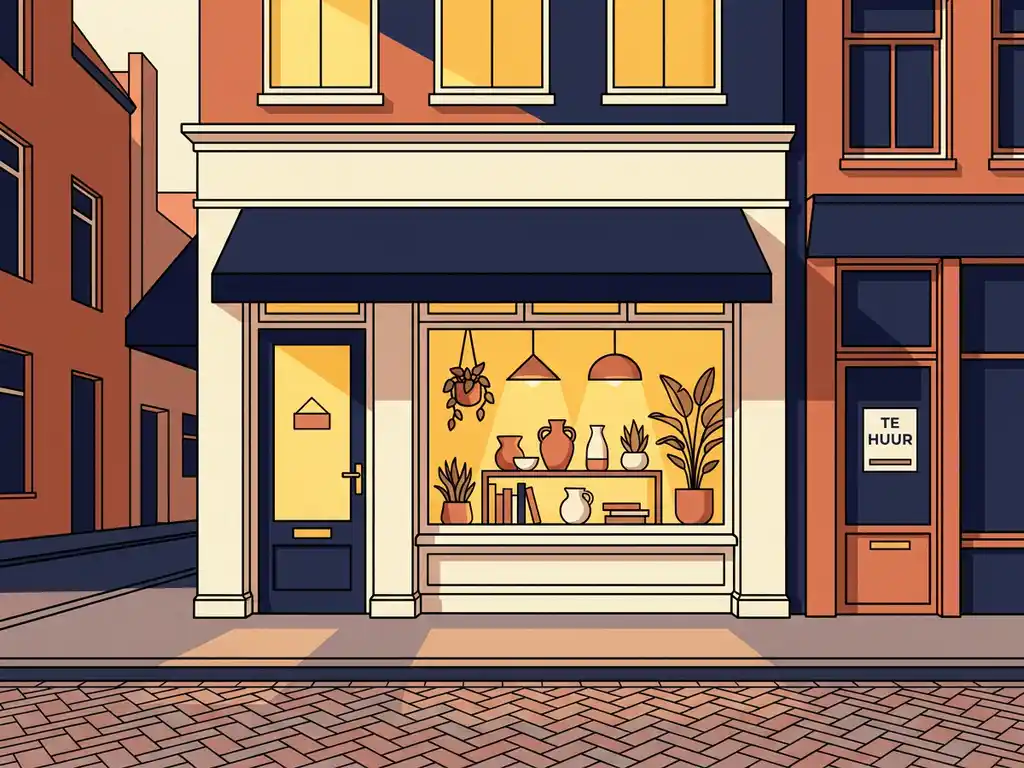 Kleine winkel tussen hoge panden op een Nederlandse straat, verlicht etalage, kasseien op de voorgrond, warme middagzon in terracotta en marineblauw.