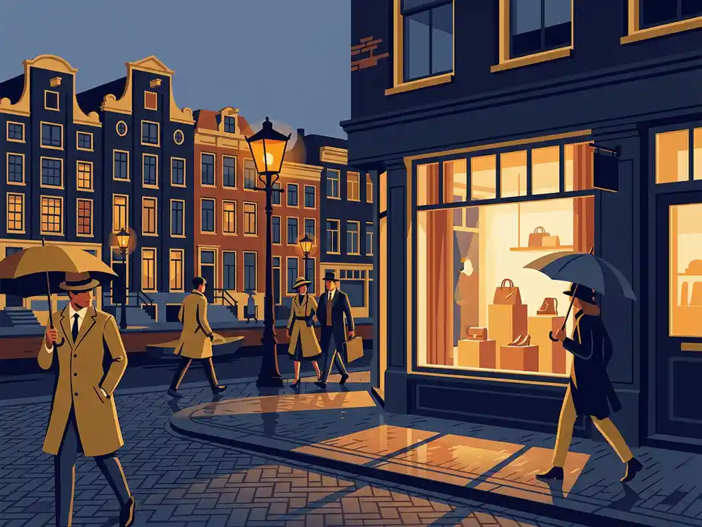 Illuminated boutique storefront on a rainy Amsterdam canal street with grand Dutch architecture and well-dressed pedestrians at dusk.