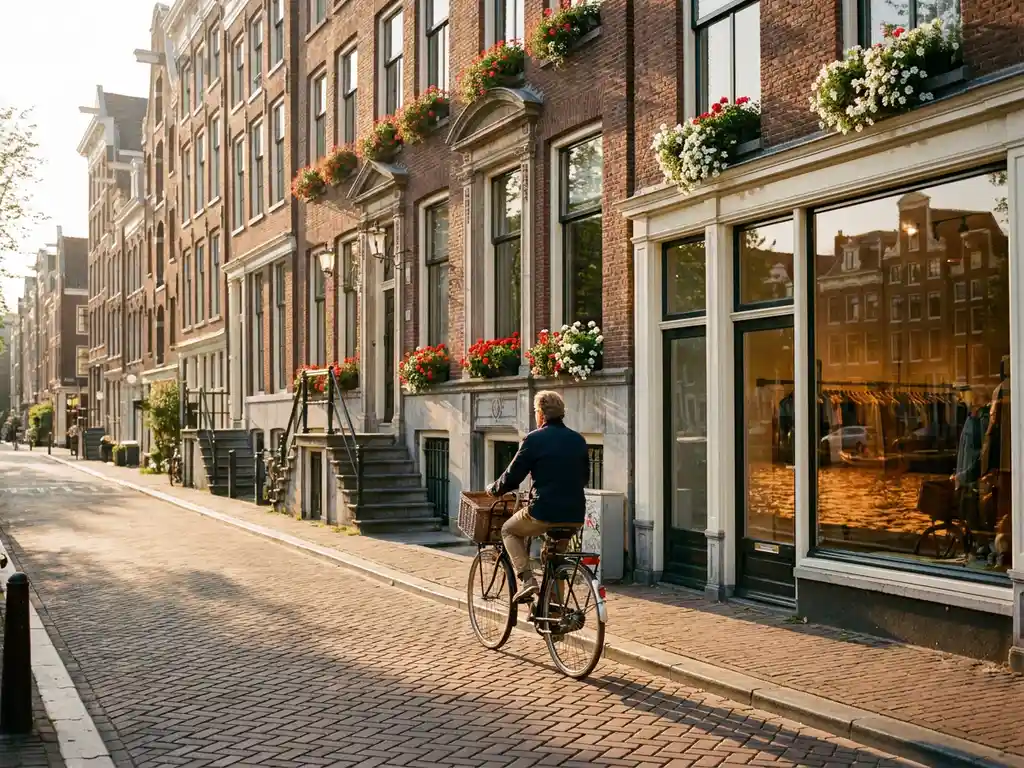 Cyclist passing Amsterdam canal-side shops with brick facades, flowering window boxes, and golden afternoon light reflecting on canal water.