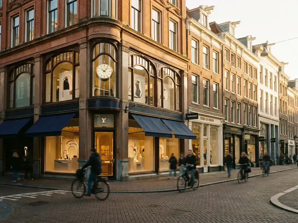 Flagship corner storefront on a busy Amsterdam pedestrian shopping street at golden hour, terracotta and cream stone facades with navy accents.