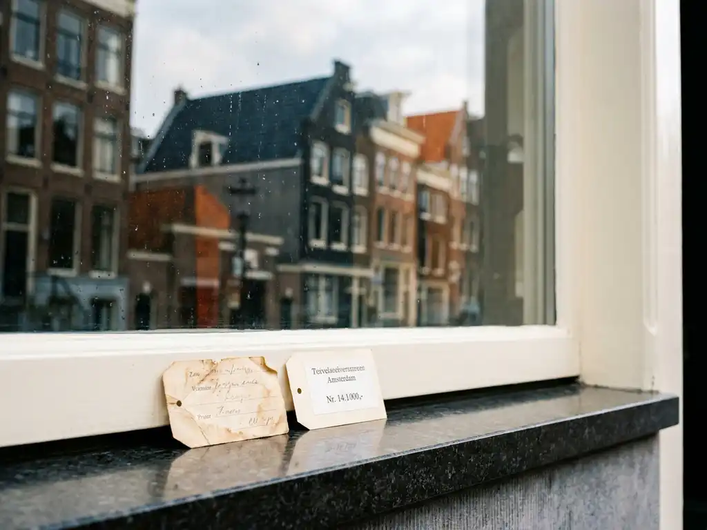 Two price tags on a stone windowsill, one worn and faded beside a crisp new one, Amsterdam canal architecture softly blurred behind.