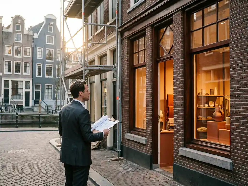 Property investor reviewing architectural plans outside a renovated Amsterdam storefront with brick façade and elegant window displays in golden afternoon light.