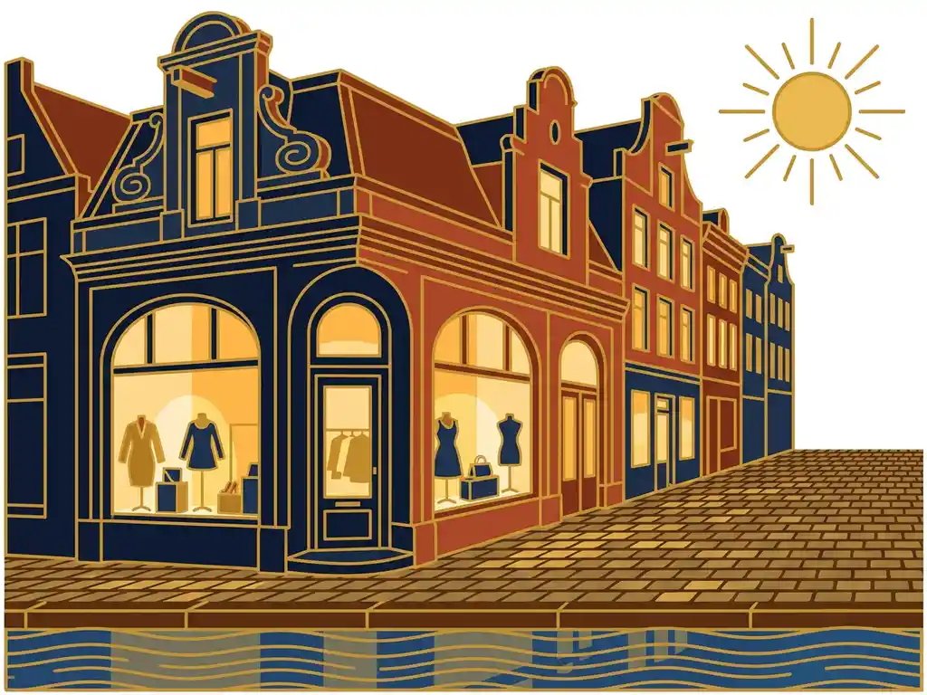 Elegante winkelhoek aan een Amsterdamse gracht met verlichte etalages, kasseienstraat en kanaalsreflectie in goud, marineblauw en baksteenrood.
