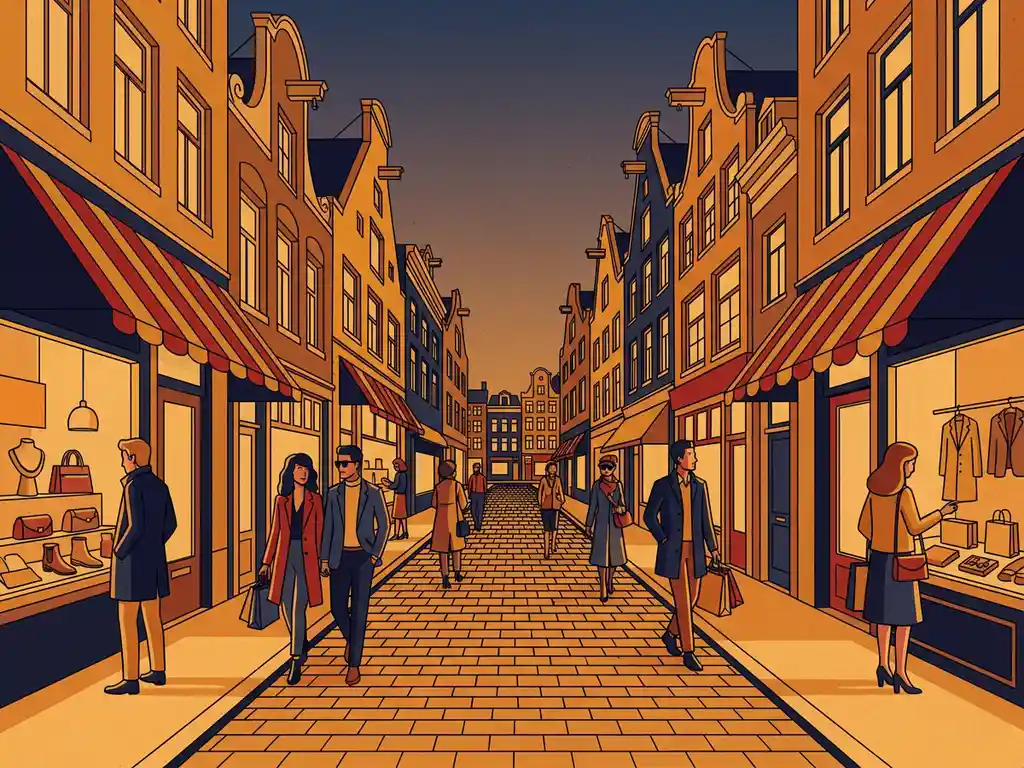 Drukke Amsterdamse winkelstraat met historische grachtenpanden, rode en gouden luifels, en winkelende mensen op kinderkopjes.