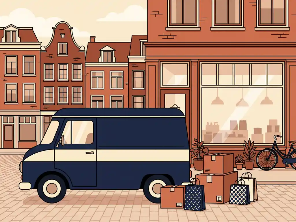 Bezorgbus voor een traditionele Nederlandse bakstenen winkelstraat met boodschappentassen en verzenddozen op de kinderkopjes.