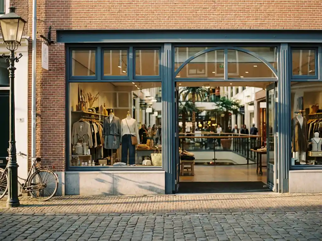 Boutique storefront with elegant display windows on a Dutch cobblestone street, warm golden light revealing a busy shopping centre atrium beyond the glass door.