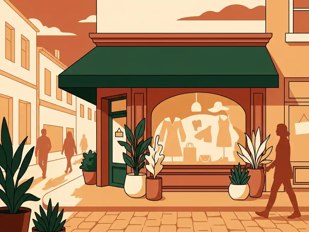 boutique-storefront-shopping-street-terracotta.jpg Boutique storefront on a cobblestone shopping street, flanked by potted plants, bathed in warm afternoon light with pedestrian silhouettes in the background.