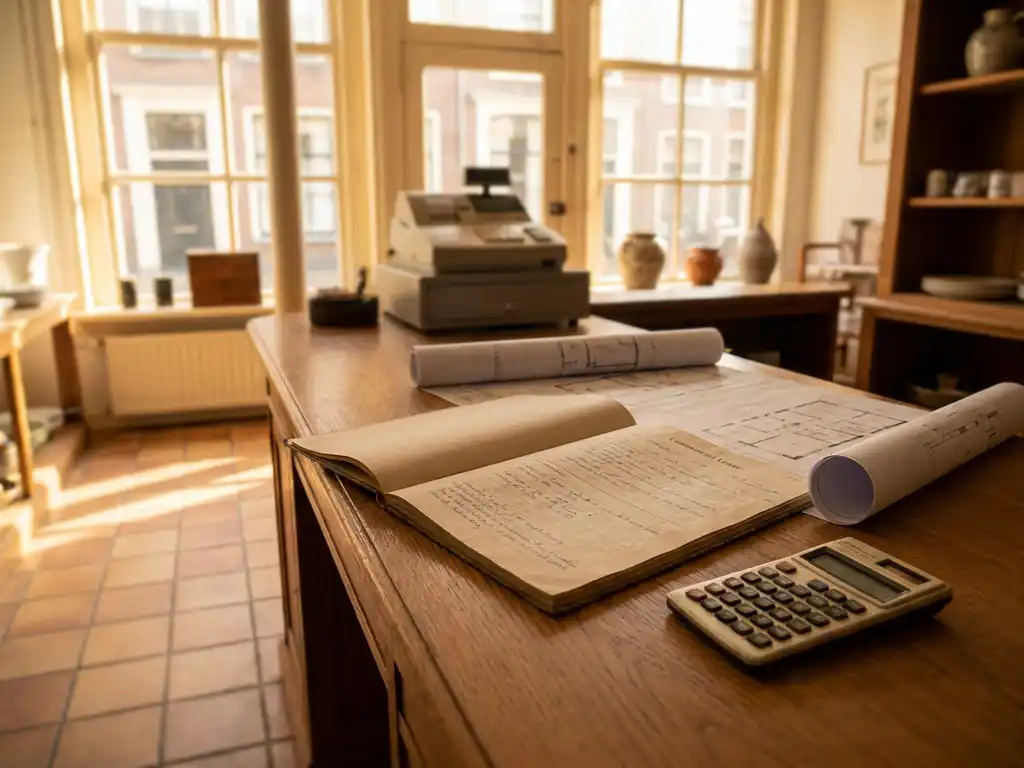 Commercial lease document and floor plan drawings on an oak desk in a sunlit Dutch retail storefront with terracotta tiles.