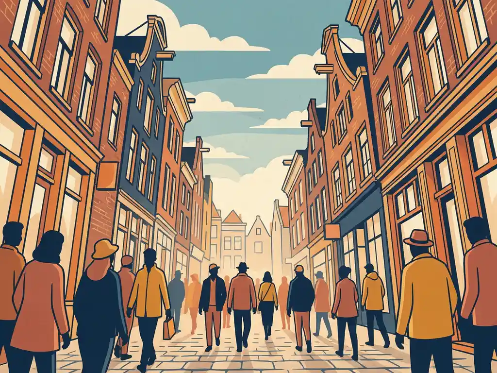 Drukke Nederlandse winkelstraat vanuit lage hoek, met menigten shoppers tussen bakstenen gevels in terracotta, marineblauw en goudgeel.