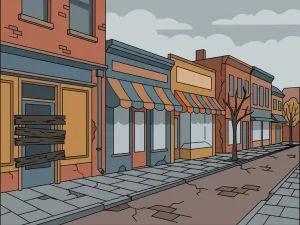 Cracked Dutch brick shopping street with a boarded-up storefront, faded awnings, and overcast sky in flat vector illustration style.