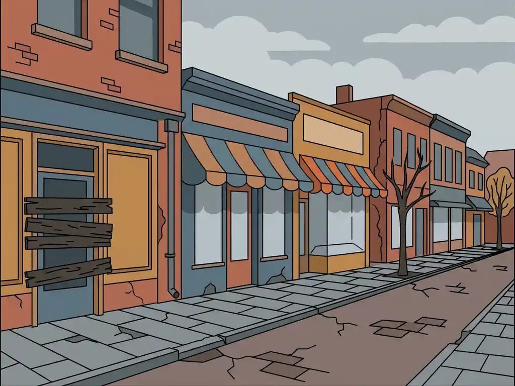 Cracked Dutch brick shopping street with a boarded-up storefront, faded awnings, and overcast sky in flat vector illustration style.