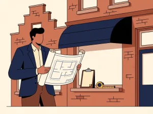 Professional holding architectural floor plan outside a Dutch brick retail storefront with classic gabled façade and clipboard on stone windowsill.