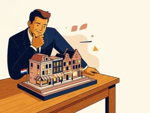 Investor examining a scale model of a Dutch canal-row shopping street with miniature storefronts and a small Dutch flag pin on an oak table.