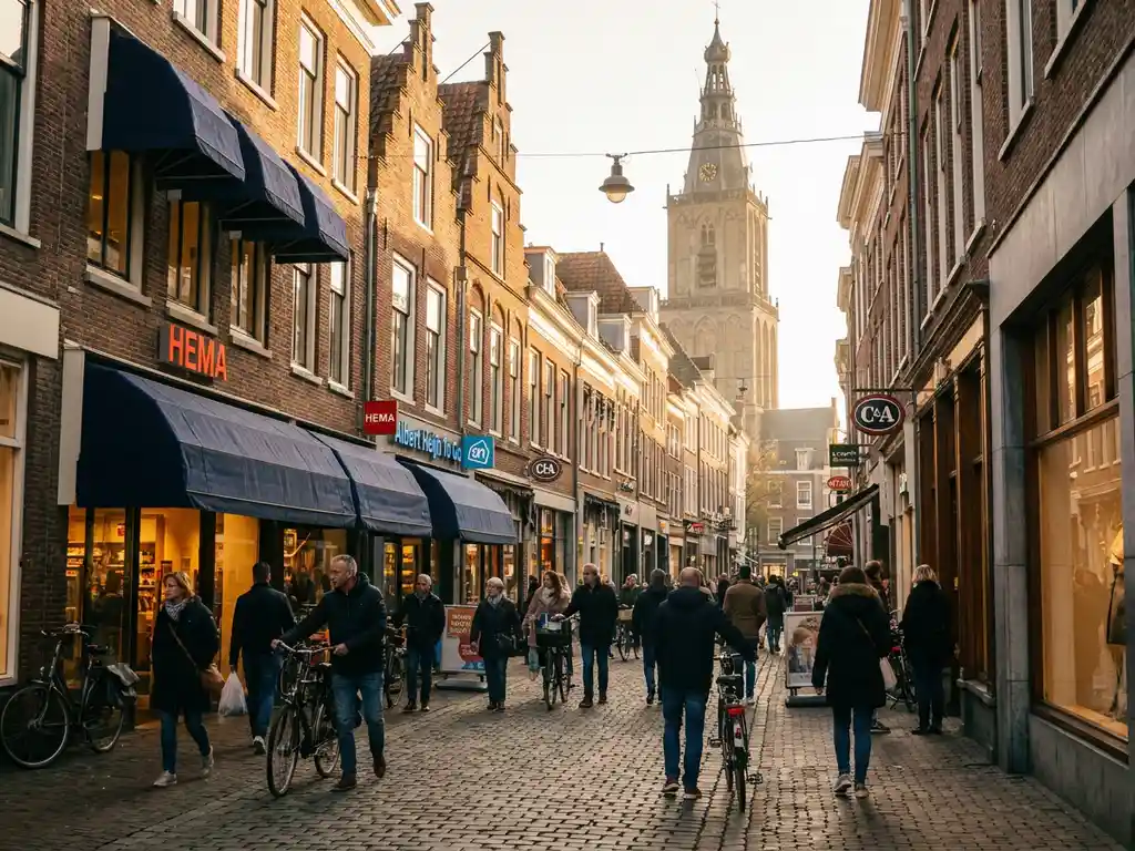 Pedestrians shopping on a cobblestone street in a Dutch city, flanked by brick storefronts and a historic church tower in warm afternoon sunlight.