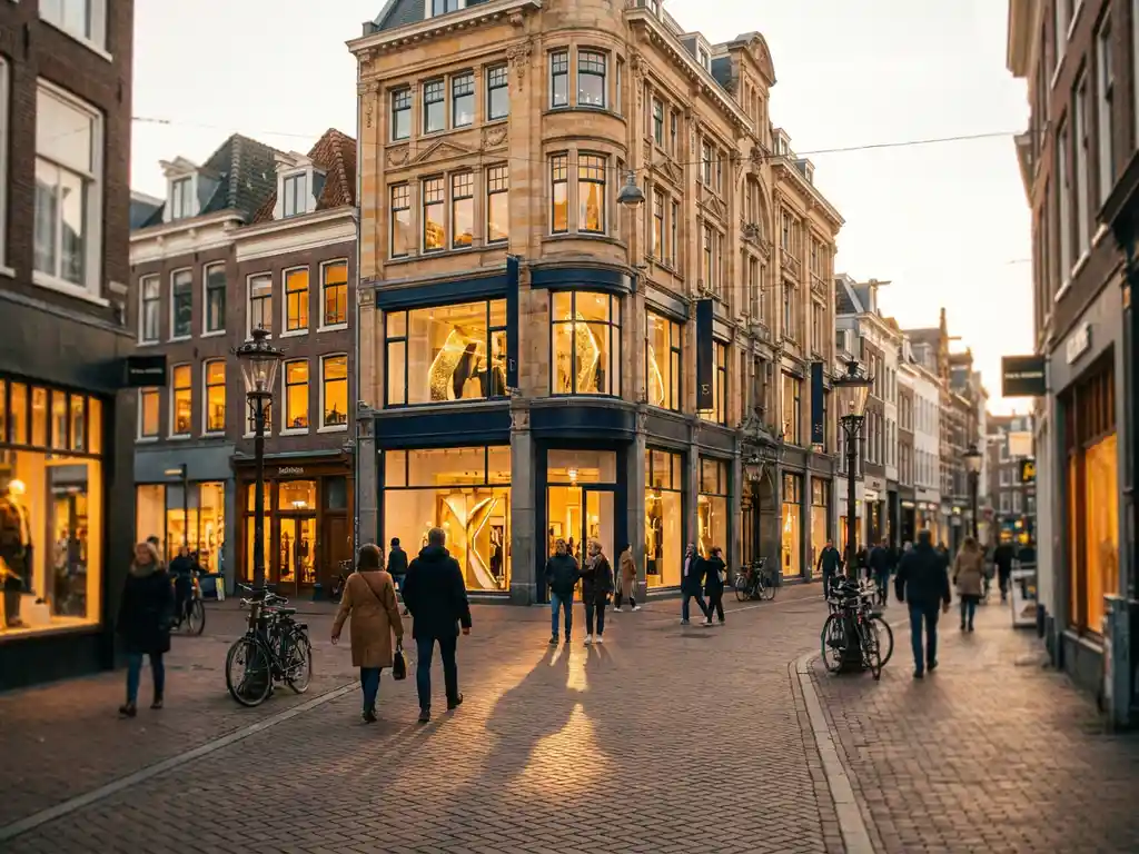 Flagship retail store with bold window displays on a brick-paved Dutch pedestrian shopping street, flanked by smaller boutiques in warm afternoon light.