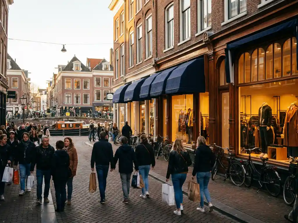 Shoppers walking along a sunlit Dutch pedestrian high street with brick storefronts, cobblestone pavement, and a canal visible in the background.