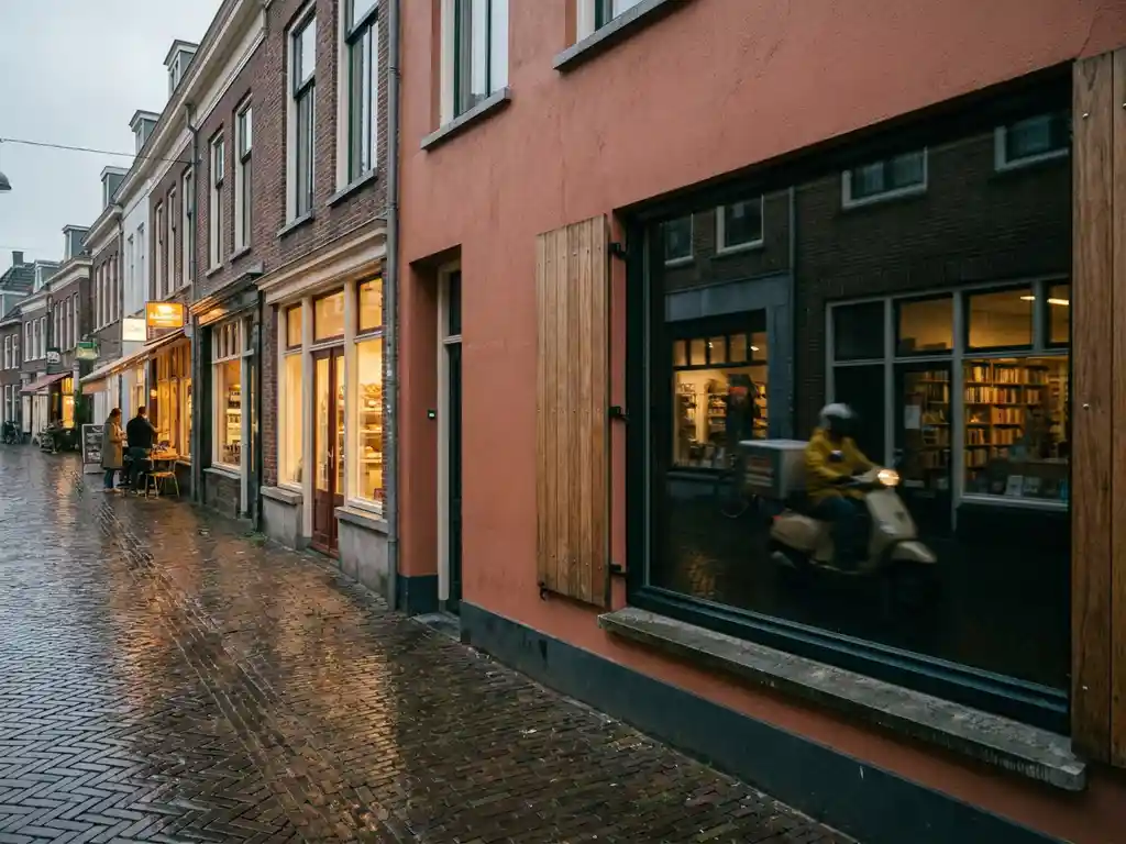 Cobblestone Dutch high street after rain with amber-lit storefronts, one shuttered shop, and a delivery scooter reflected in the window.