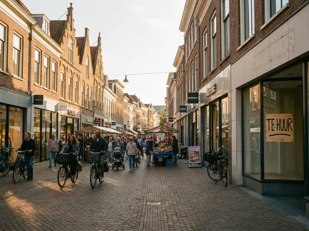 Dutch pedestrian shopping street with historic brick facades, a "for lease" sign on a storefront, and warm afternoon light on cobblestone pavement.