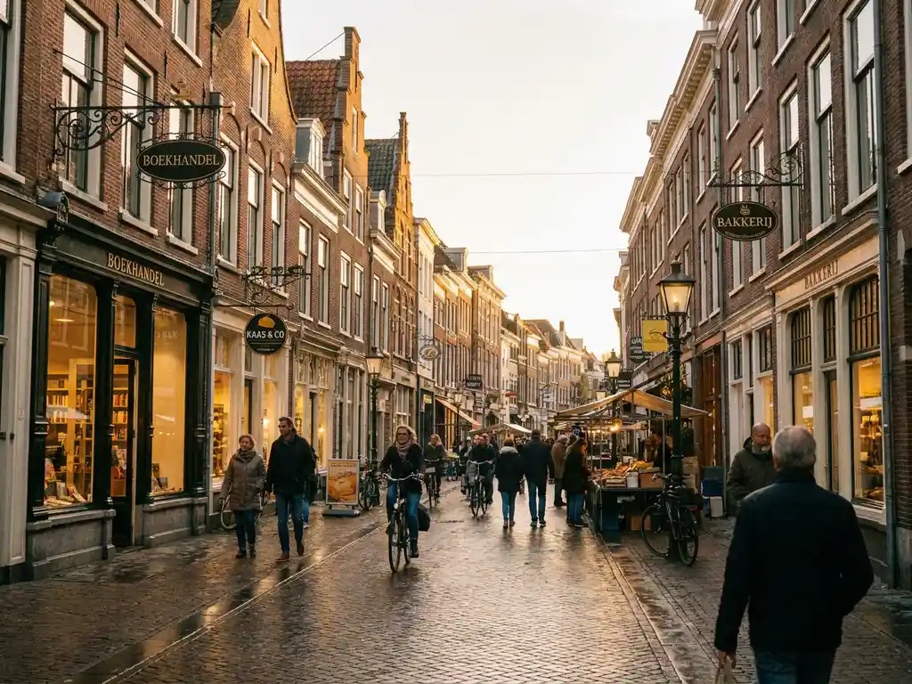 Busy Dutch pedestrian shopping street with terracotta brick storefronts, cobblestone pavement, and warm afternoon light.