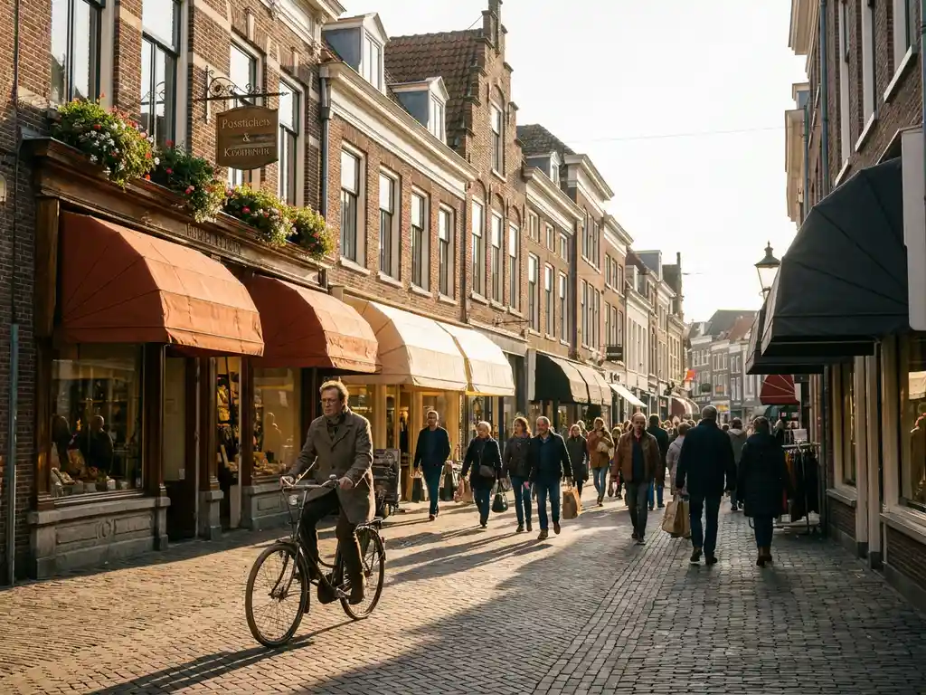 Cyclist passing through a busy Dutch pedestrian shopping street with brick storefronts and cobblestone pavement in warm afternoon sunlight.