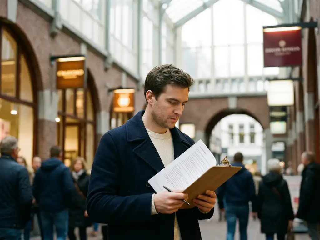 Property analyst reviewing tenant data on clipboard inside a Dutch high street arcade with blurred branded shopfronts.