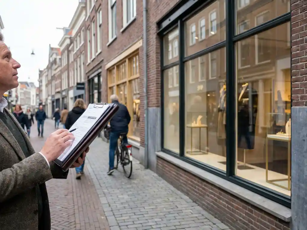 Professional appraiser reviewing documents on clipboard outside a Dutch retail storefront on a busy brick-lined pedestrian shopping street.