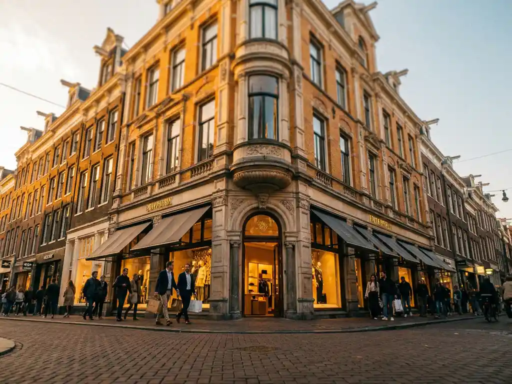Historic Dutch canal-house corner on a busy luxury shopping street, warm golden afternoon light across brick facades and glass storefronts.