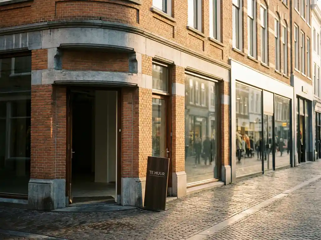 Dutch brick retail corner property with large storefront windows, for lease sign, and cobblestone street in warm afternoon light.