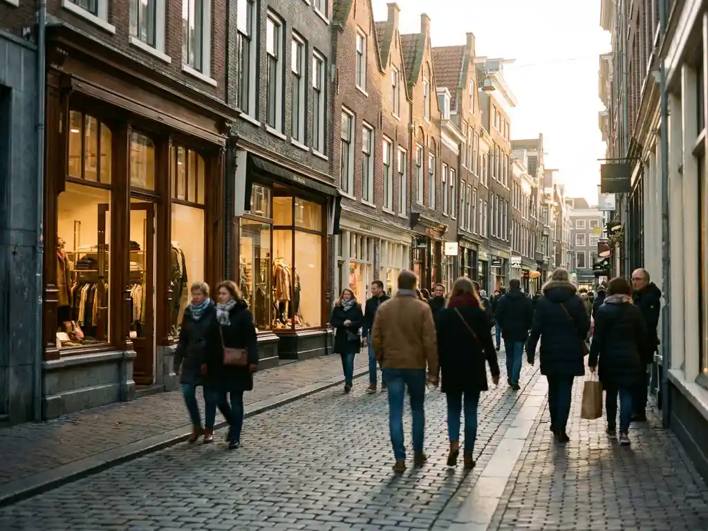 Crowded Dutch pedestrian shopping street with brick storefronts, cobblestones, and warm afternoon light casting golden shadows.