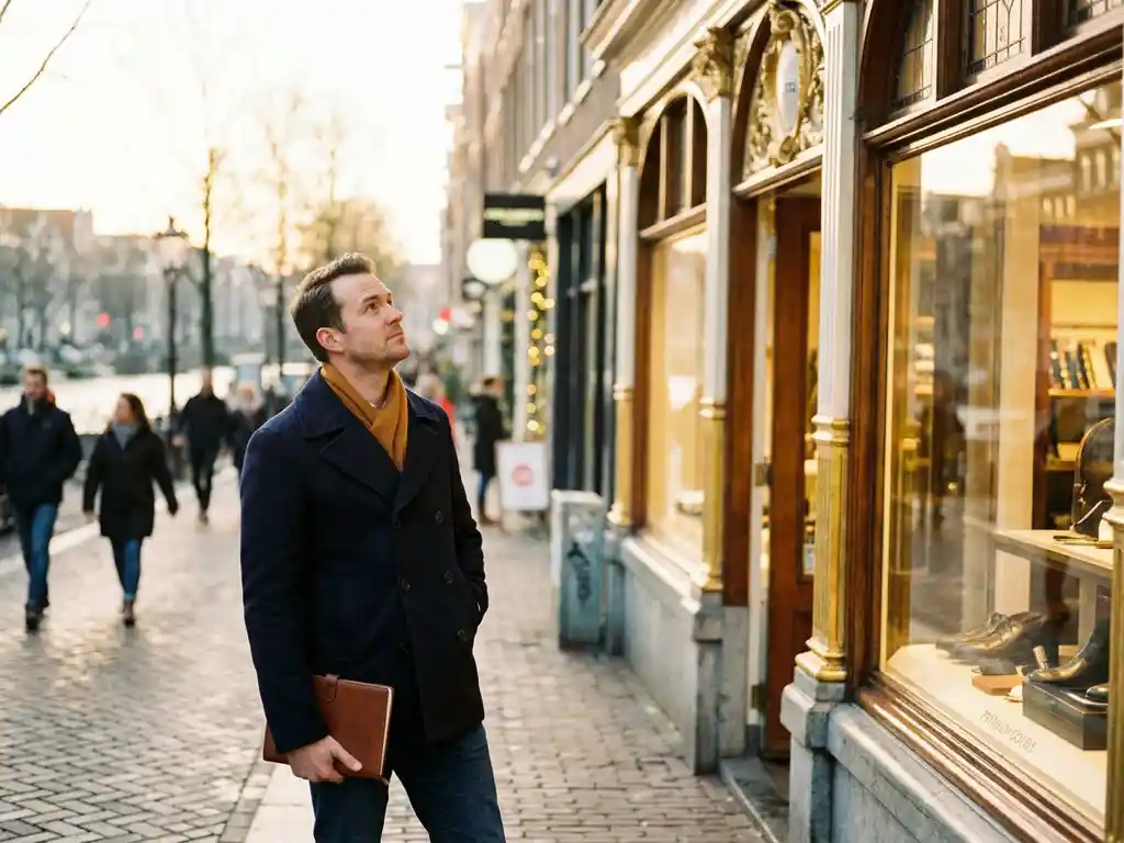 Investor examining ornate Amsterdam canal-side shop facade on a sunlit Dutch retail high street with cobblestone street.