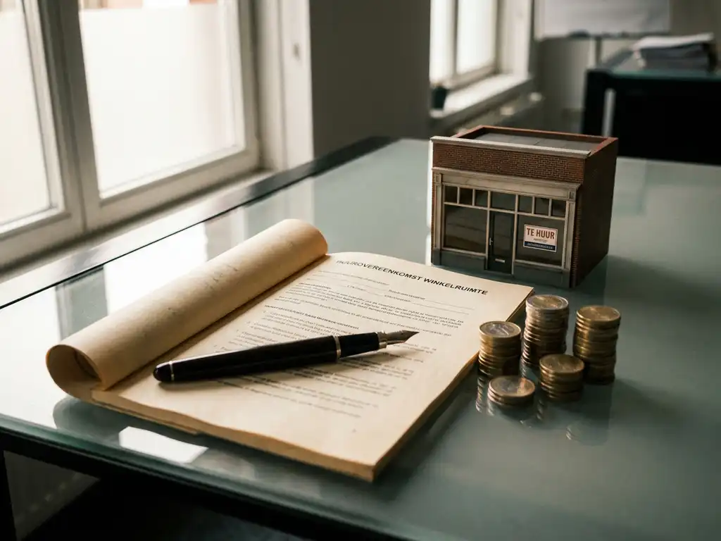 Dutch retail lease contract open on glass desk beside brick storefront model, pen across document, stacked euro coins suggesting rent increases.
