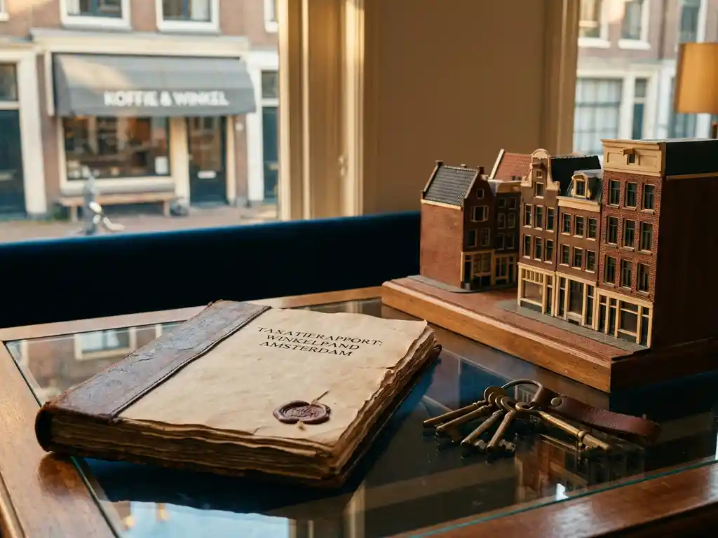 Dutch retail property valuation document on a glass desk with architectural keys and a miniature shopping street model, Amsterdam canal shopfront in background.