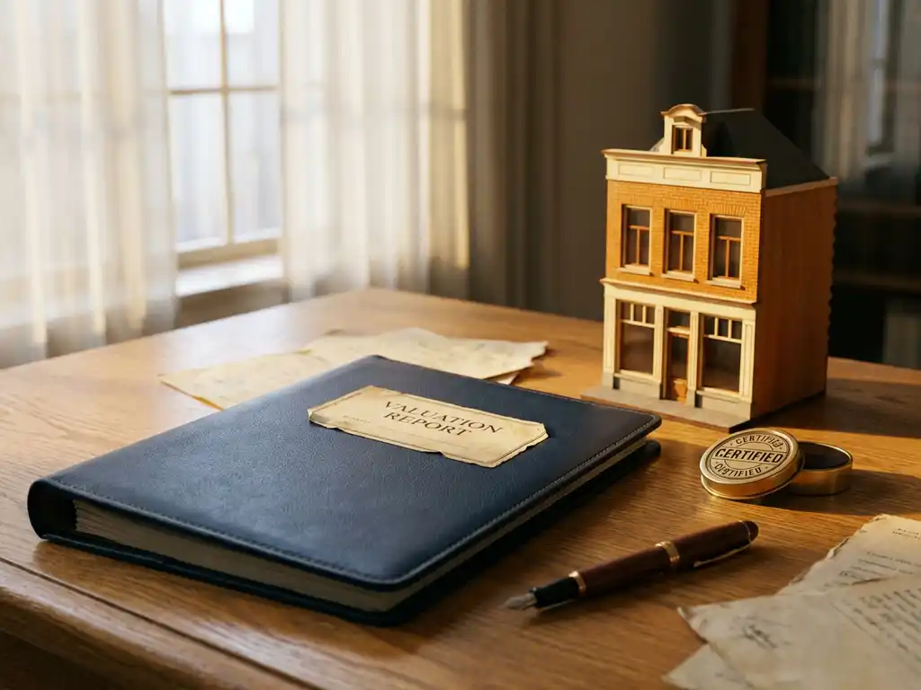 Leather-bound valuation report on oak desk beside a Dutch retail storefront model, certified stamp and fountain pen in warm afternoon light.