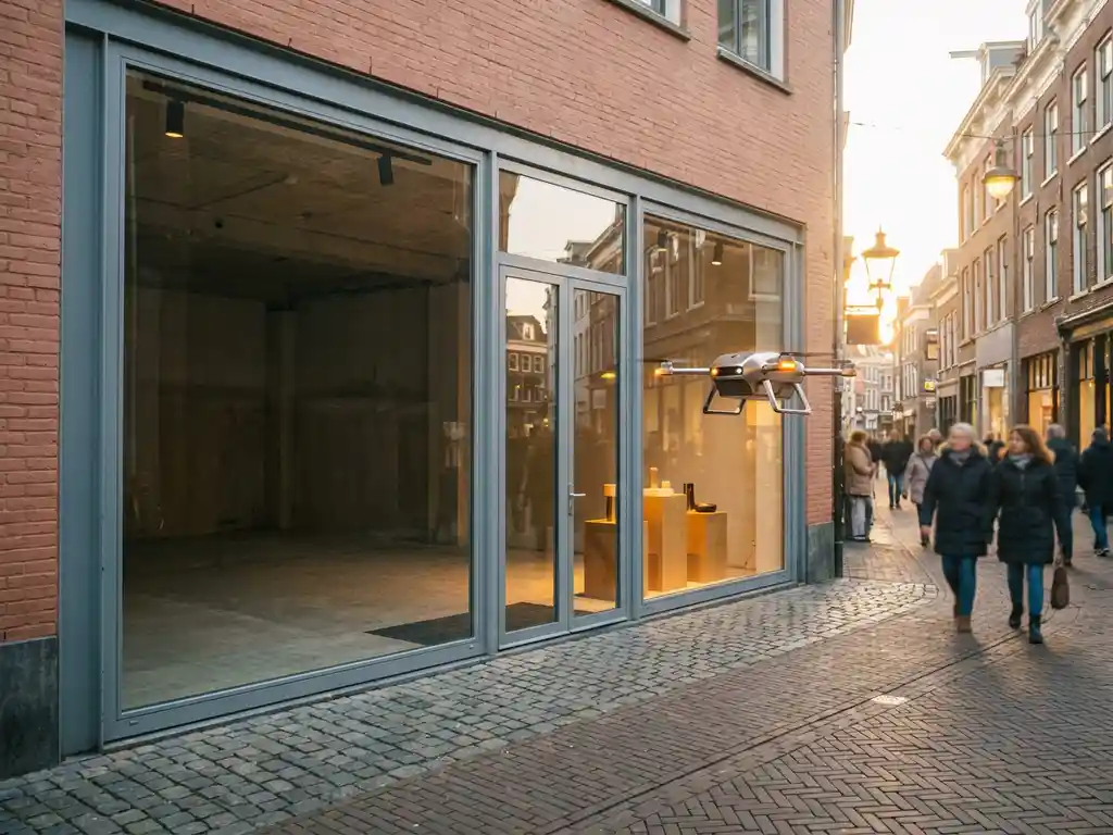 Half-vacant Dutch high-street storefront with a delivery drone hovering outside the display window, golden afternoon light on brick pavement.