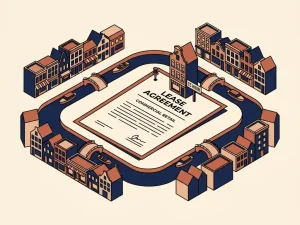 Dutch retail storefront model pinned over a lease contract on a stylized canal street in navy, terracotta, and cream tones.
