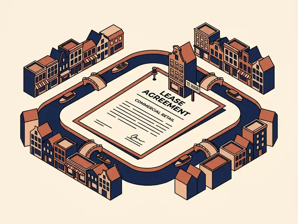 Dutch retail storefront model pinned over a lease contract on a stylized canal street in navy, terracotta, and cream tones.