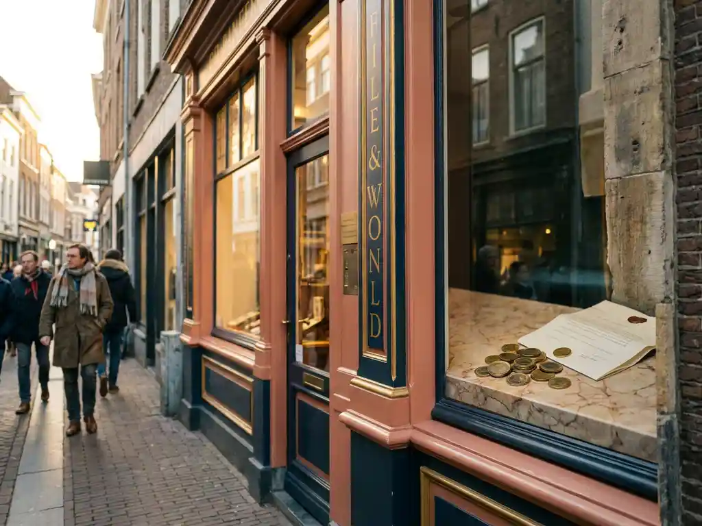 Euro coins and folded lease document on a marble windowsill outside a Dutch retail storefront on a pedestrian shopping street.