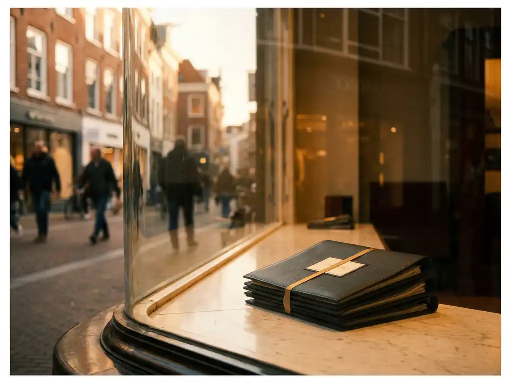 Dutch high street retail storefront with terracotta brick façade, golden afternoon light reflecting in premium shop windows, property investment folders on marble surface.