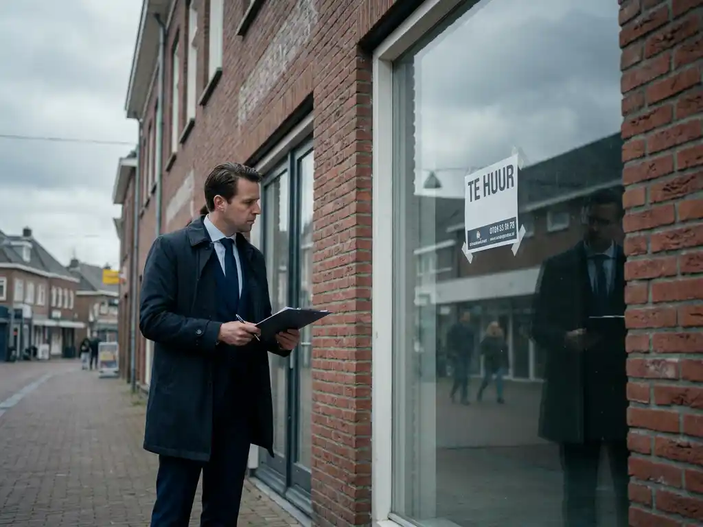 Suited professional with clipboard inspecting a Dutch brick retail storefront with a Te Huur sign on a quiet shopping street.