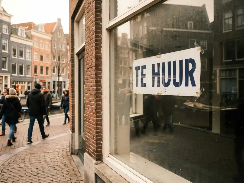 Vacant Dutch retail storefront with faded "Te Huur" for-rent sign on a busy brick-lined pedestrian shopping street in warm overcast daylight.