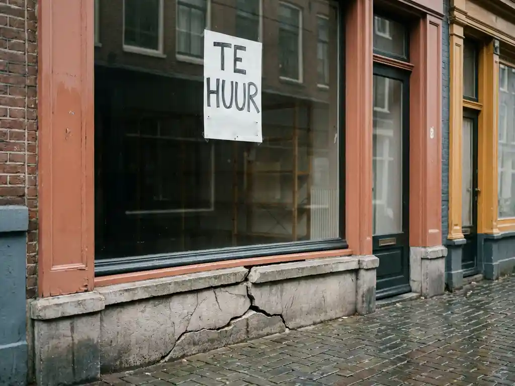 Empty Dutch retail storefront with cracked foundation, Te Huur sign reflected in dark window, wet cobblestones under overcast light.