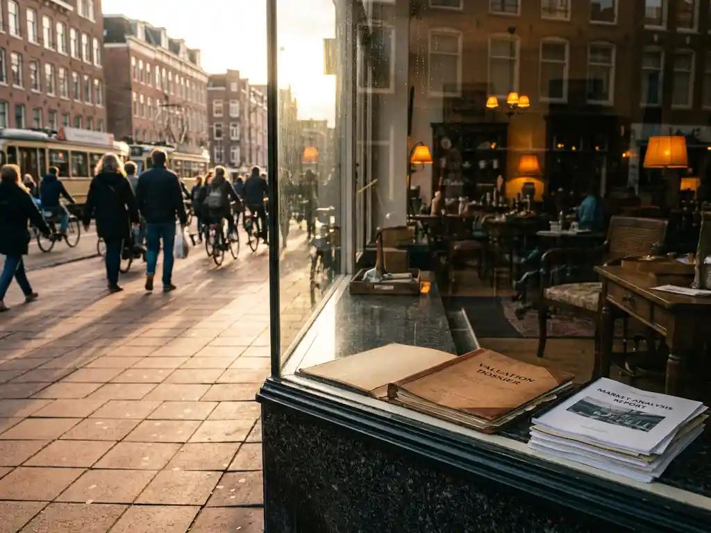 Dutch retail storefront with glass windows reflecting a busy shopping street, leather valuation dossier and market report on a stone windowsill in golden afternoon light.