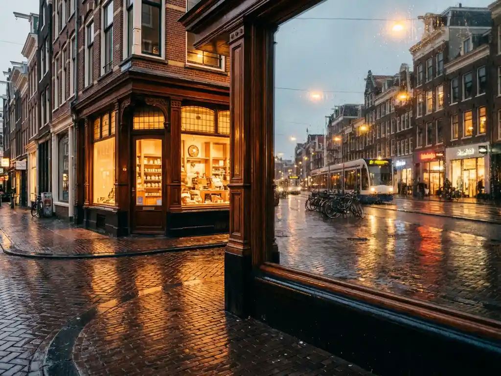 Dutch retail street corner with cobblestone pavement glistening after light rain, warm golden dusk light across terracotta brick shopfronts and large illuminated windows.