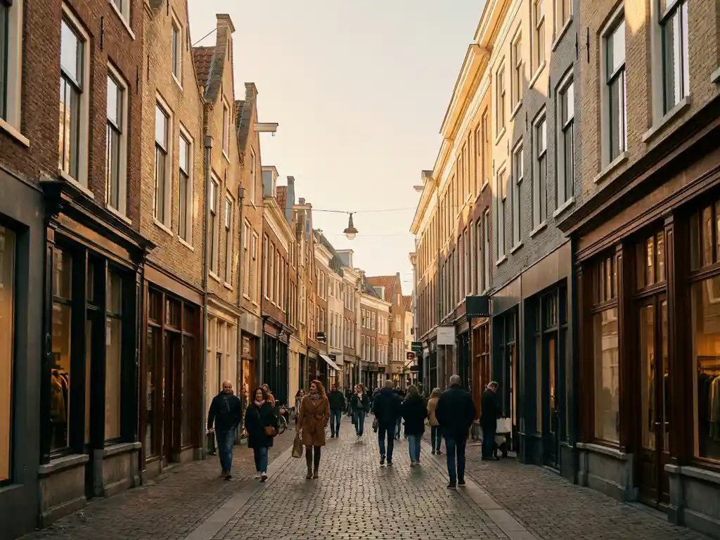 Dutch high-street retail facades converging to a vanishing point in warm golden afternoon light, brick architecture lining a bustling pedestrian shopping street.