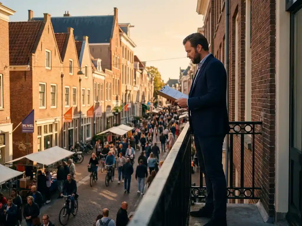Real estate professional reviewing property documents overlooking a sunlit Dutch pedestrian shopping street with historic brick storefronts.