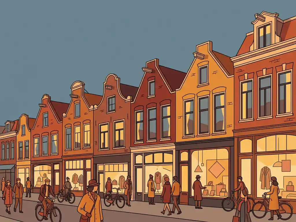 Stylized Dutch retail street with brick shopfronts, display windows, and roofline suggesting rising rents under a slate-blue sky.