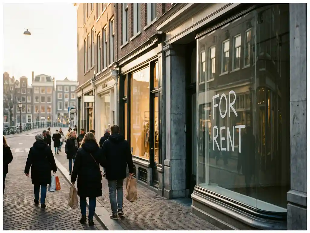 Dutch retail street with a "for rent" sign on a glass shopfront, canal-side historic facades in warm afternoon light.