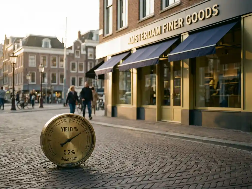 Dutch retail high street storefront in warm amber light with a brass financial yield gauge embedded in cobblestone pavement.