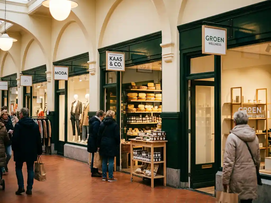 Shoppers walking through a warm-lit Dutch shopping centre with terracotta floors, cream walls, and varied storefronts including fashion and specialty food shops.