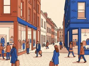 Busy Dutch pedestrian shopping street with crowded A1 flagship storefronts in the foreground transitioning to a quieter side street behind.